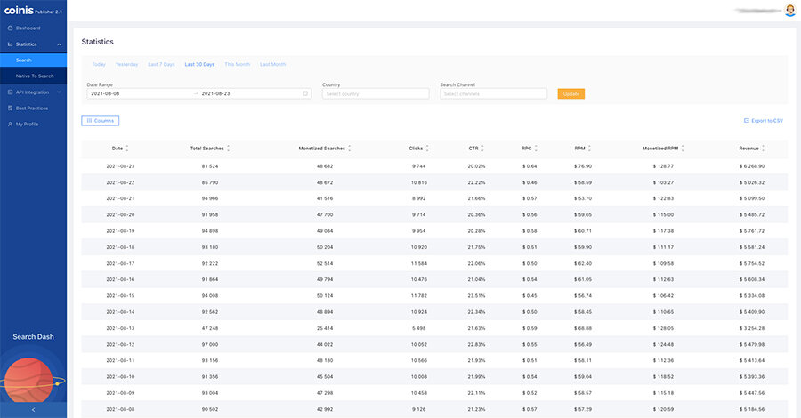 stats from coinis dash with info about earnings from search feed monetization