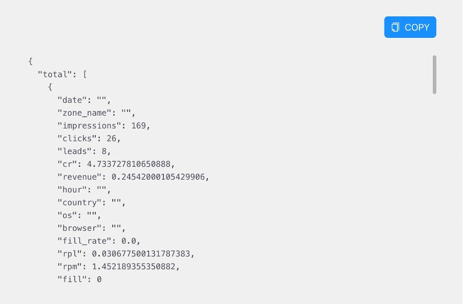 response body example when asking for info for api integration